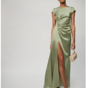 Reformation Birch Silk Dress in Artichoke Ruched High-Slit